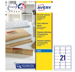 AVERY Etichette trasparenti opache 63,5x38,1mm, 21 etichette per foglio, adesivo permanente, inkjet, 25 fogli
