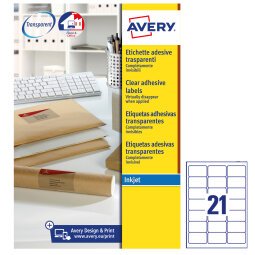 AVERY Etichette trasparenti opache 63,5x38,1mm, 21 etichette per foglio, adesivo permanente, inkjet, 25 fogli