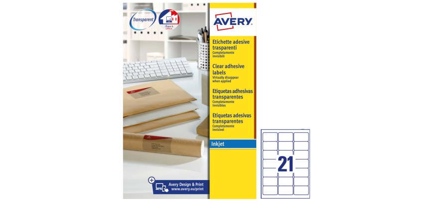 AVERY Etichette trasparenti opache 63,5x38,1mm, 21 etichette per foglio, adesivo permanente, inkjet, 25 fogli