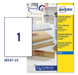Etichette adesive J8567 - in poliestere - inkjet - permanenti - 210 x 297 mm - 1 et/fg - 25 fogli - trasparente - Avery