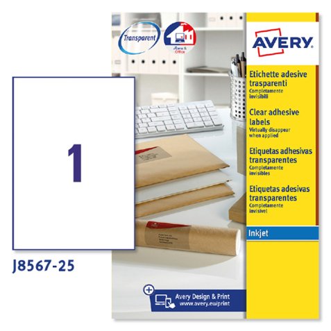 AVERY Etichette trasparenti opache 210x297mm, 1 etichetta per foglio, adesivo permanente, inkjet, 25 fogli