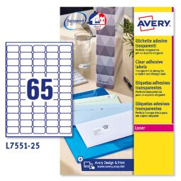 AVERY Etichette trasparenti lucide 38,1x21,2mm, 65 etichette per foglio, adesivo permanente, laser, 25 fogli