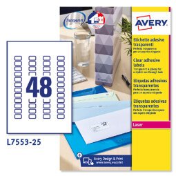 AVERY Etichette trasparenti lucide 22x12,7mm, 48 etichette per foglio, adesivo permanente, laser, 25 fogli