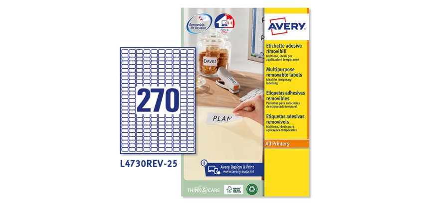 Etichette adesive L4730REV - in carta - angoli arrotondati - rimovibili - 17,8 x 10 mm - 270 et/fg - 25 fogli - bianco - Avery