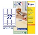 AVERY Etichette in carta bianca 63,5 x 29,6mm, 27 etichette per foglio, adesivo rimovibile, laser e inkjet, 25 fogli