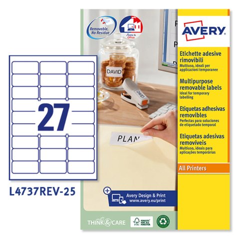 AVERY Etichette in carta bianca 63,5 x 29,6mm, 27 etichette per foglio, adesivo rimovibile, laser e inkjet, 25 fogli