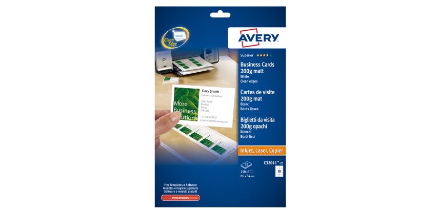 AVERY Biglietti da visita bianchi finitura opaca, 200gr, 85x54mm, laser, 10 biglietti per foglio, 25 fogli per confezione