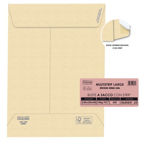 Busta a sacco Multi Strip Large - soffietti laterali - strip adesivo - 23 x 33 x 4 cm - 100 gr - carta riciclata FSC®  - avana - Pi gna Envelopes - conf. 250 pezzi