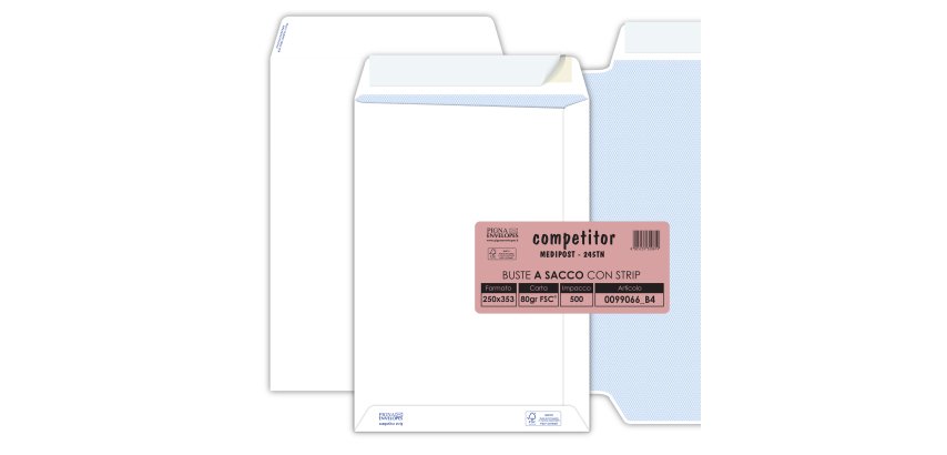 Busta a sacco Competitor FSC - strip adesivo - 25 x 35,3 cm - 80 gr - bianco - Pigna Envelopes - conf. 500 pezzi