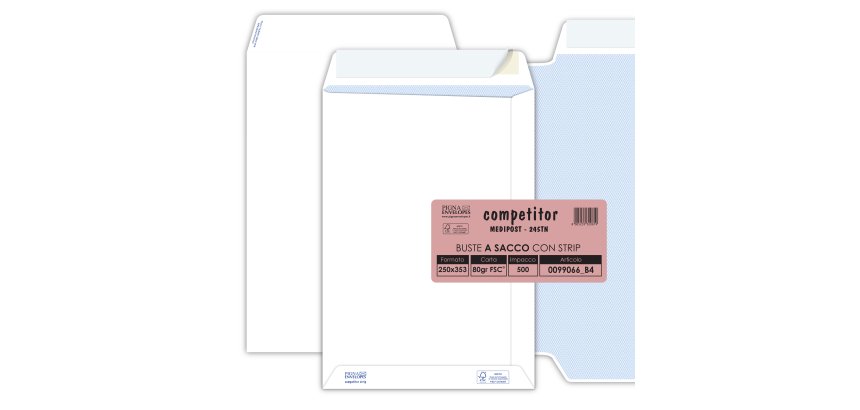 Busta a sacco Competitor FSC - strip adesivo - 25 x 35,3 cm - 80 gr - bianco - Pigna Envelopes - conf. 500 pezzi