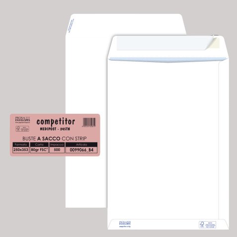 Busta a sacco Competitor FSC - strip adesivo - 25 x 35,3 cm - 80 gr - bianco - Pigna Envelopes - conf. 500 pezzi