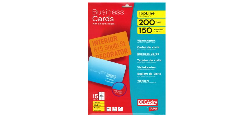 Biglietti da visita - 85 x 54 mm - 200 gr - angoli tondi - bordo liscio - bianco - Decadry - conf. 15 fogli da 10 biglietti