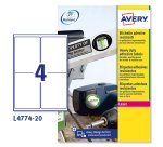 AVERY Etichette resistenti in poliestere bianco 99,1x139mm, 4 etichette per foglio, adesivo permanente, laser, 20 fogli
