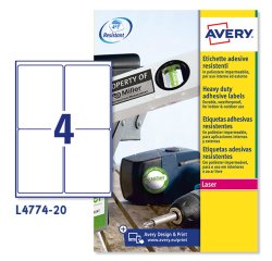 AVERY Etichette resistenti in poliestere bianco 99,1x139mm, 4 etichette per foglio, adesivo permanente, laser, 20 fogli