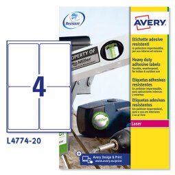 AVERY Etichette resistenti in poliestere bianco 99,1x139mm, 4 etichette per foglio, adesivo permanente, laser, 20 fogli