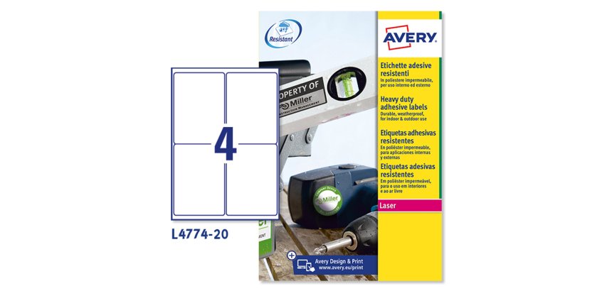 AVERY Etichette resistenti in poliestere bianco 99,1x139mm, 4 etichette per foglio, adesivo permanente, laser, 20 fogli