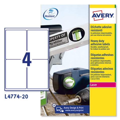 AVERY Etichette resistenti in poliestere bianco 99,1x139mm, 4 etichette per foglio, adesivo permanente, laser, 20 fogli