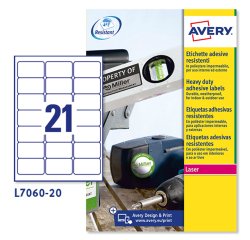 AVERY Etichette resistenti in poliestere bianco 63,5x38,1mm, 21 etichette per foglio, adesivo permanente, laser, 20 fogli