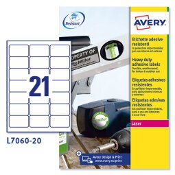 AVERY Etichette resistenti in poliestere bianco 63,5x38,1mm, 21 etichette per foglio, adesivo permanente, laser, 20 fogli