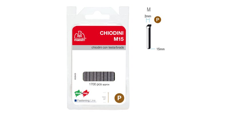 Chiodini M15 per fissatrici - con testa - 15 mm - acciaio - Romeo Maestri - conf. 1700 pezzi