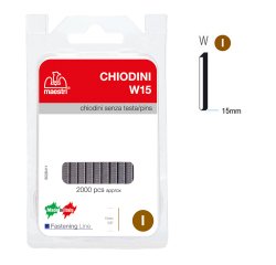 Chiodini W15 per fissatrici - senza testa - 15 mm - acciaio - Romeo Maestri - conf. 2000 pezzi