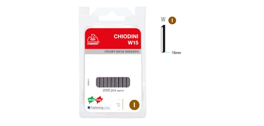 Chiodini W15 per fissatrici - senza testa - 15 mm - acciaio - Romeo Maestri - conf. 2000 pezzi