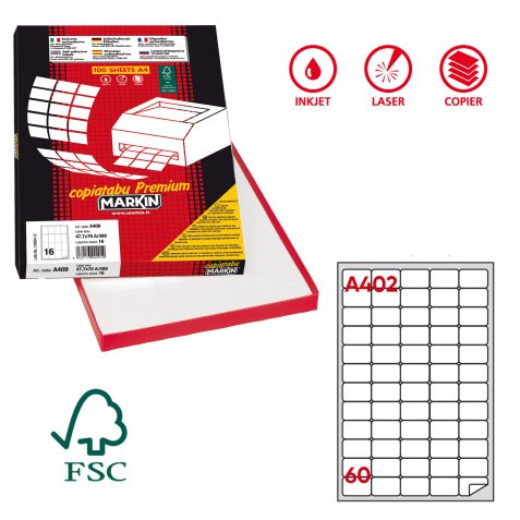 Etichette adesive A/402 - in carta - angoli arrotondati - permanenti - 37,5 x 23,5 mm - 60 et/fg - 100 fogli - bianco - Markin