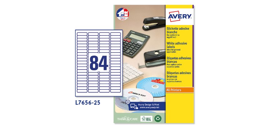 AVERY Mini etichette in carta bianca 46x11,1mm, 84 etichette per foglio, adesivo permanente, laser, 25 fogli