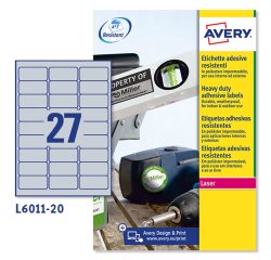 Etichette adesive L6011 - in poliestere - laser - permanenti - 63,5 x 29,6 mm - 27 et/fg - 20 fogli - argento - Avery