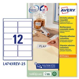 AVERY Etichette in carta bianca  99,1 x 42,3mm, 12 etichette per foglio, adesivo rimovibile, laser e inkjet, 25 fogli