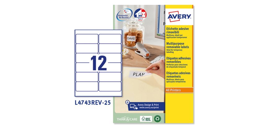AVERY Etichette in carta bianca  99,1 x 42,3mm, 12 etichette per foglio, adesivo rimovibile, laser e inkjet, 25 fogli