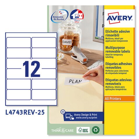 AVERY Etichette in carta bianca  99,1 x 42,3mm, 12 etichette per foglio, adesivo rimovibile, laser e inkjet, 25 fogli