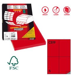 Etichette adesive C/519 - in carta - permanenti - 105 x 148,5 mm - 4 et/fg - 100 fogli - rosso - Markin