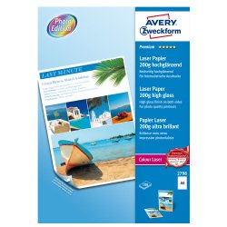 AVERY Carta fotografica in fogli formato A4 (210x297mm), 200 gr, 100 fogli per confezione, stampabile fronte e retro, laser