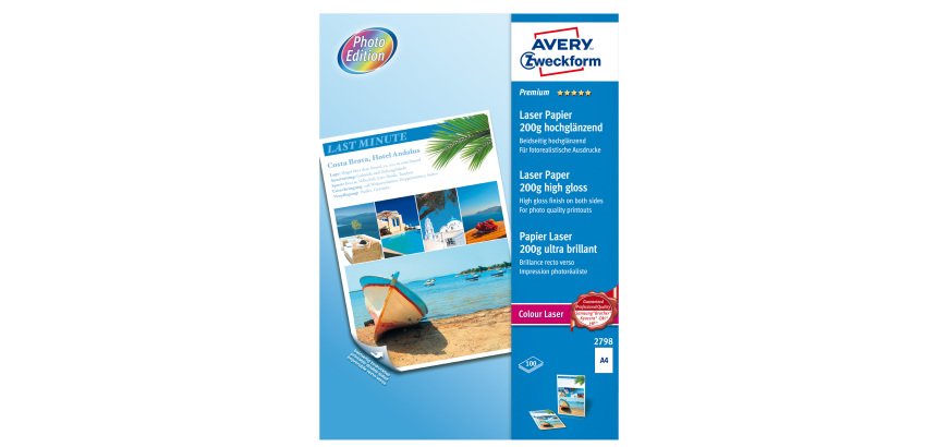 Carta laser - A4 - 200 gr - effetto extra glossy - bianco - Avery - conf. 100 fogli