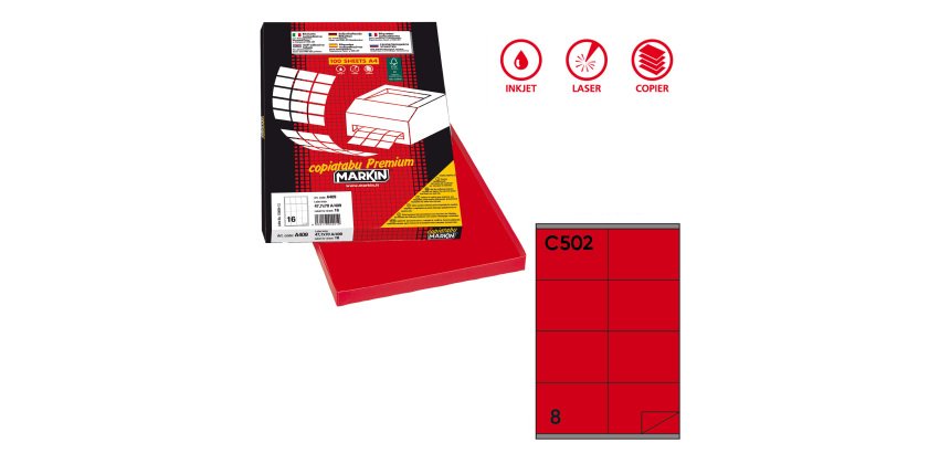 Etichette adesive C/502 - in carta - permanenti - 105 x 72 mm - 8 et/fg - 100 fogli - rosso - Markin