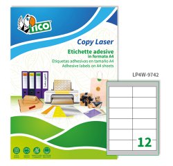TICO Etichette adesive in carta bianca 97x42,3mm, 12 etichette per foglio A4, adesivo permanente, laser/inkjet, 100 fogli