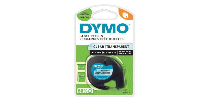 DYMO Branded LetraTag Plastic Labels | 12 mm x 4 m Roll | Black Print on Clear Labels | MultipurposeSelf-Adhesive Labels for LetraTag Label Makers