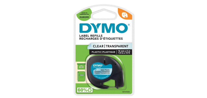 DYMO Branded LetraTag Plastic Labels | 12 mm x 4 m Roll | Black Print on Clear Labels | MultipurposeSelf-Adhesive Labels for LetraTag Label Makers