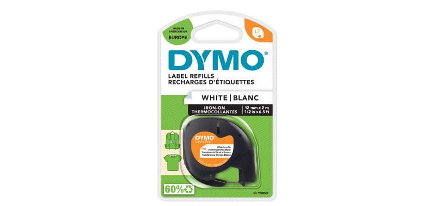 DYMO LetraTag Iron-On Fabric Labels | Authentic | 12 mm x 2 m Roll | Black Print on White | Iron-On Clothing Labels Ideal for Uniforms/Children's Clothing | for LetraTag Printers