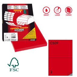 Etichette adesive C/509 - in carta - permanenti - 210 x 148,5 mm - 2 et/fg - 100 fogli - rosso - Markin