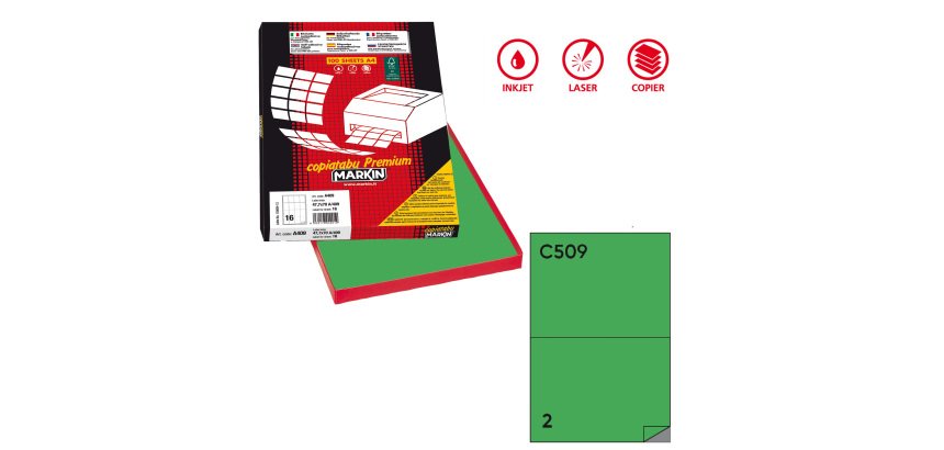 Etichette adesive C/509 - in carta - permanenti - 210 x 148,5 mm - 2 et/fg - 100 fogli - verde - Markin