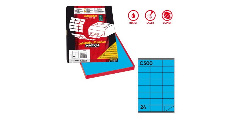 Etichette adesive C/500 - in carta - permanenti - 70 x 36 mm - 24 et/fg - 100 fogli - blu - Markin