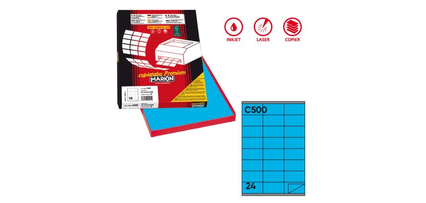 Etichette adesive C/500 - in carta - permanenti - 70 x 36 mm - 24 et/fg - 100 fogli - blu - Markin