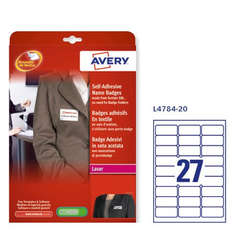 AVERY Badge adesivi per tessuti in seta acetata 63,5x29,6mm, 27 badge per foglio, rimovibili, laser, 20 fogli