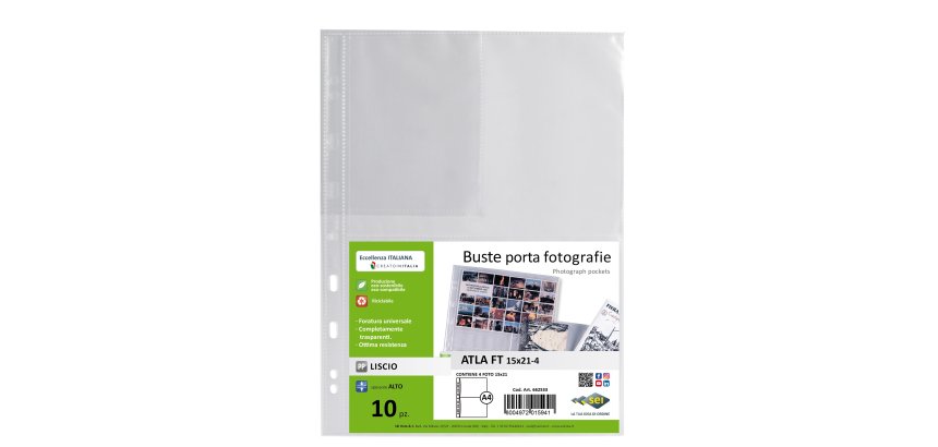 Buste forate Atla FT porta foto e cartoline - 4 spazi 15 x 21 cm - trasparente - Sei Rota - conf. 10 pezzi