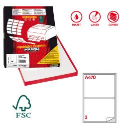 Etichette adesive A/470 - in carta - angoli arrotondati - permanenti - 199,6 x 143,5 mm - 2 et/fg - 100 fogli - bianco - Markin