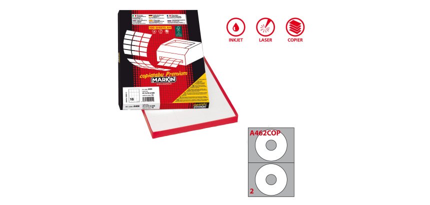 Etichette adesive A/462 - in carta - permanenti - diametro CD 117,5 mm - foro 41 mm - 2 et/fg - 100 fogli - bianco coprente - Markin
