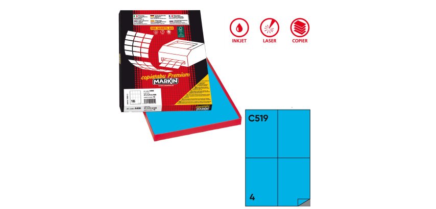 Etichette adesive C/519 - in carta - permanenti - 105 x 148,5 mm - 4 et/fg - 100 fogli - blu - Markin