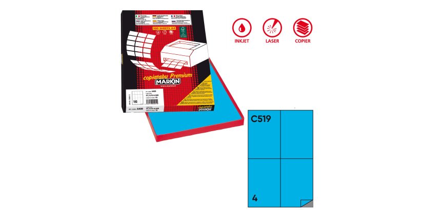 Etichette adesive C/519 - in carta - permanenti - 105 x 148,5 mm - 4 et/fg - 100 fogli - blu - Markin